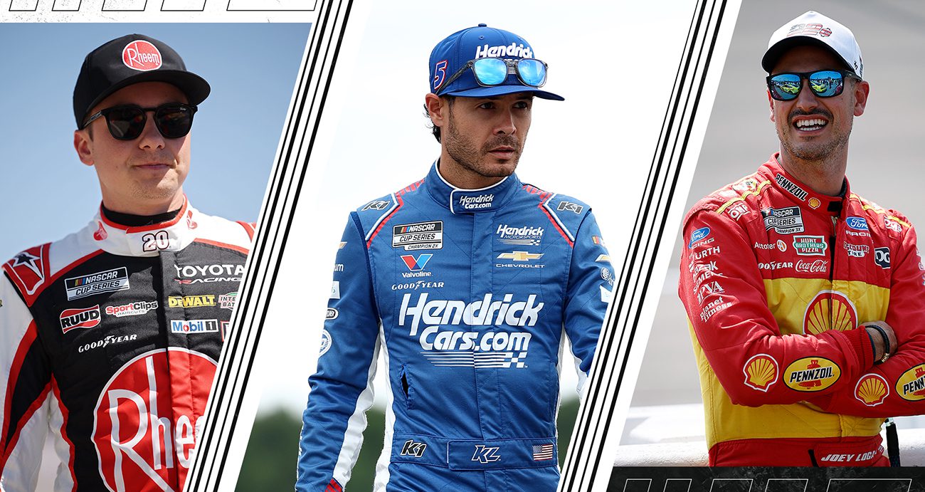 A split image of Christopher Bell, Kyle Larson and Joey Logano for Racing Insights Cup Series projections for World Wide Technology Raceway at Gateway.