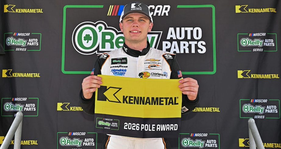Carson Kvapil celebrates after winning the pole at Gateway.