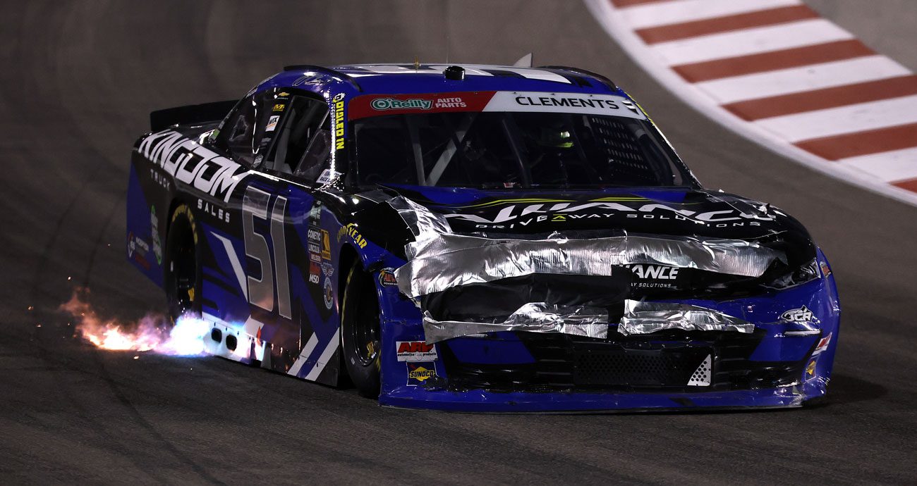 Jeremy Clements drives after damage in a pit-road crash during an O'Reilly Auto Parts Series race at Gateway.