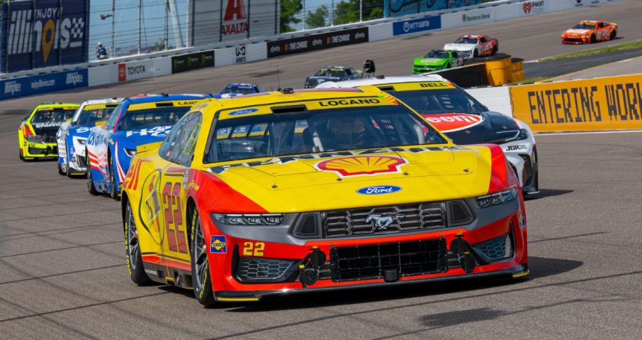 Joey Logano races Christopher Bell at Gateway.
