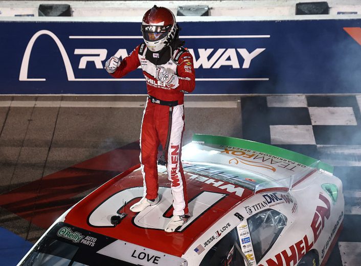Jesse Love celebrates after winning at Gateway.
