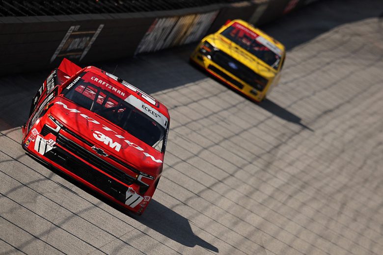 Christian Eckes and Layne Riggs drive at Bristol.