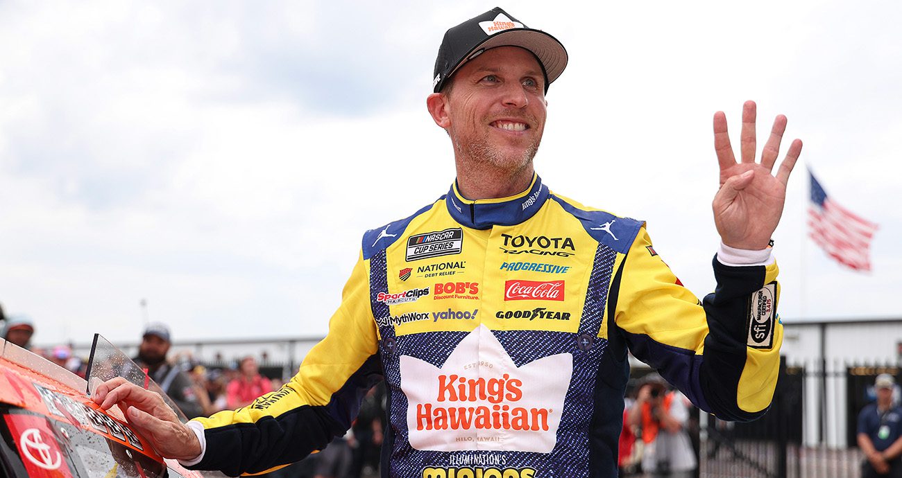 denny hamlin celebrates his win