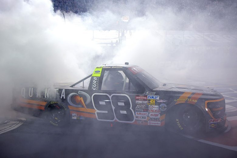 Jake Garcia does a burnout at Bristol.