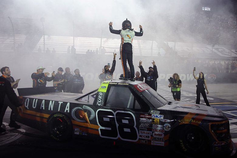 Jake Garcia stands atop his truck after winning at Bristol.