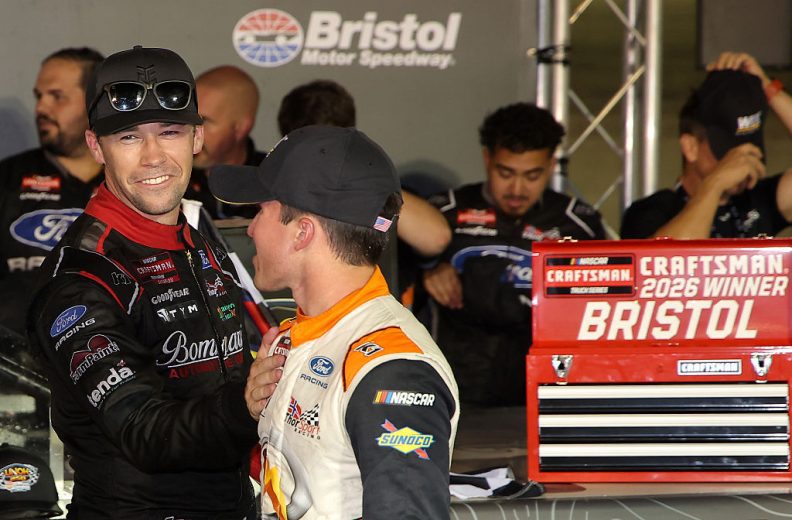Ben Rhodes congratulates Jake Garcia in Victory Lane at Bristol.