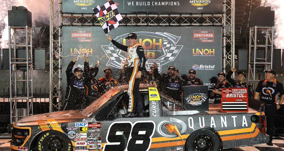 Jake Garcia celebrates in Victory Lane at Bristol.
