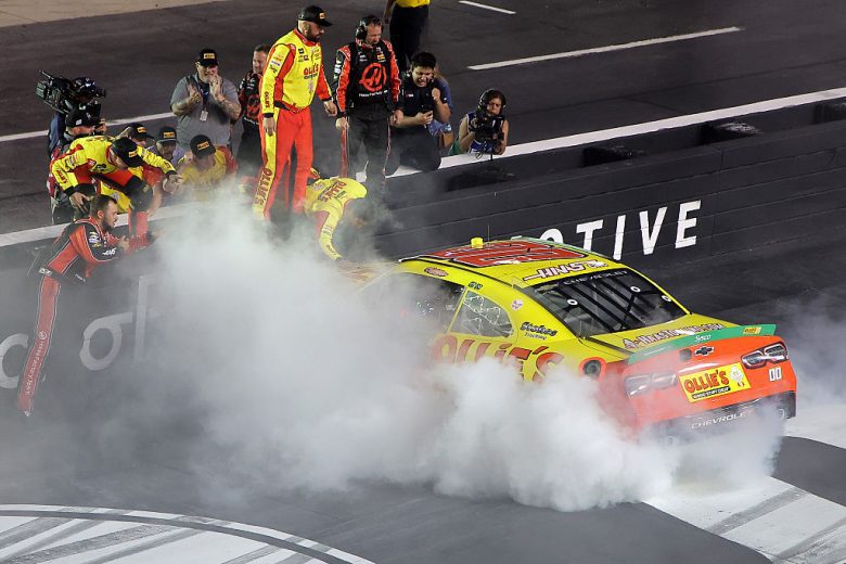 Sheldon Creed celebrates with a burnout at Bristol.