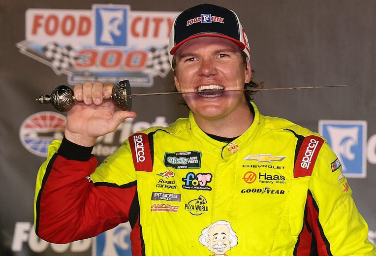 Sheldon Creed celebrates in Victory Lane at Bristol.