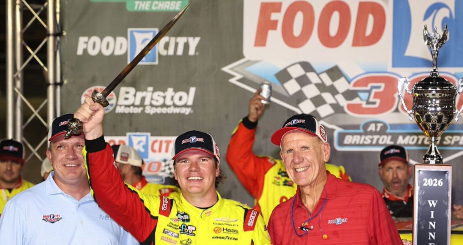 Sheldon Creed celebrates in Victory Lane at Bristol.