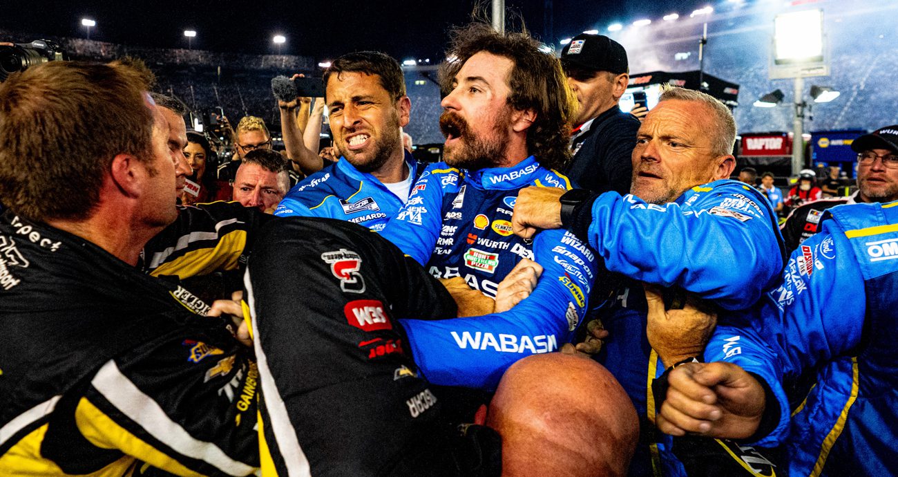Ryan Blaney yells at Carson Hocevar during an altercation on pit road at Bristol Motor Speedway.