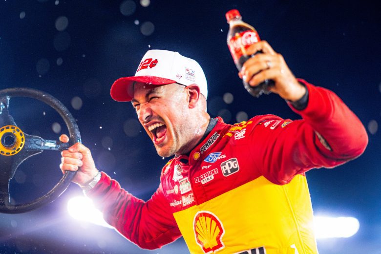 Joey Logano celebrates in Victory Lane at Bristol.