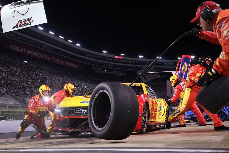 Joey Logano pits at Bristol.