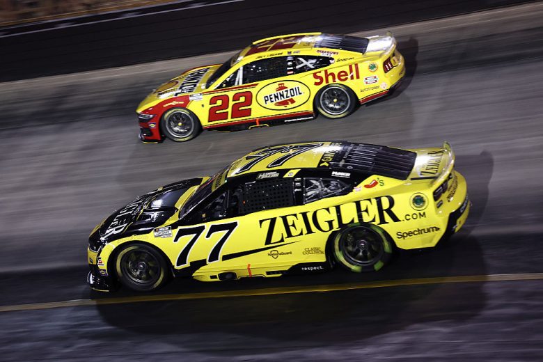 Joey Logano and Carson Hocevar drive at Bristol.