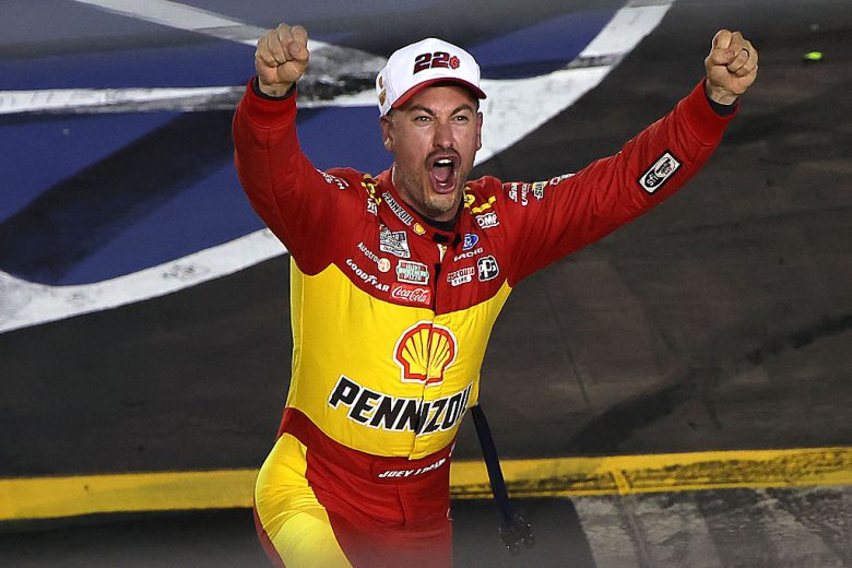 Joey Logano celebrates after winning at Bristol.