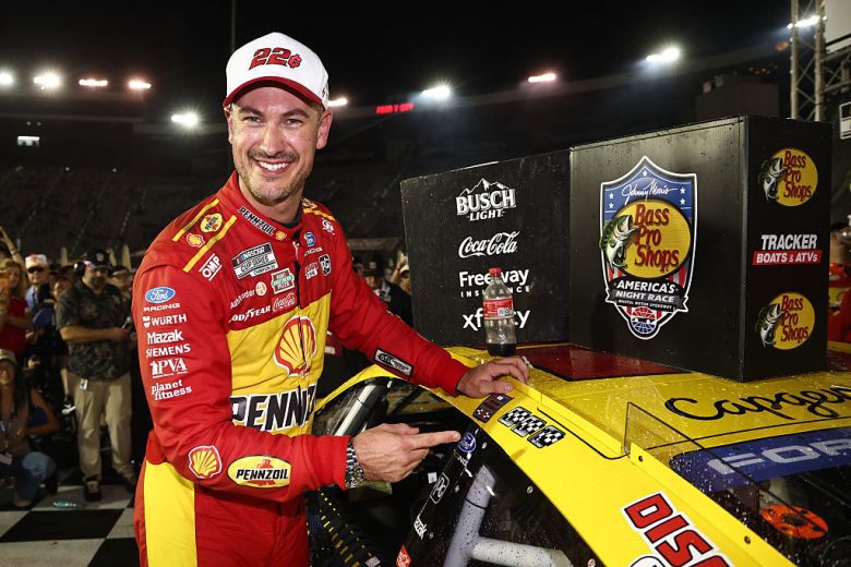 Joey Logano celebrates in Victory Lane at Bristol.
