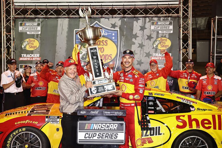 Joey Logano celebrates in Victory Lane at Bristol.