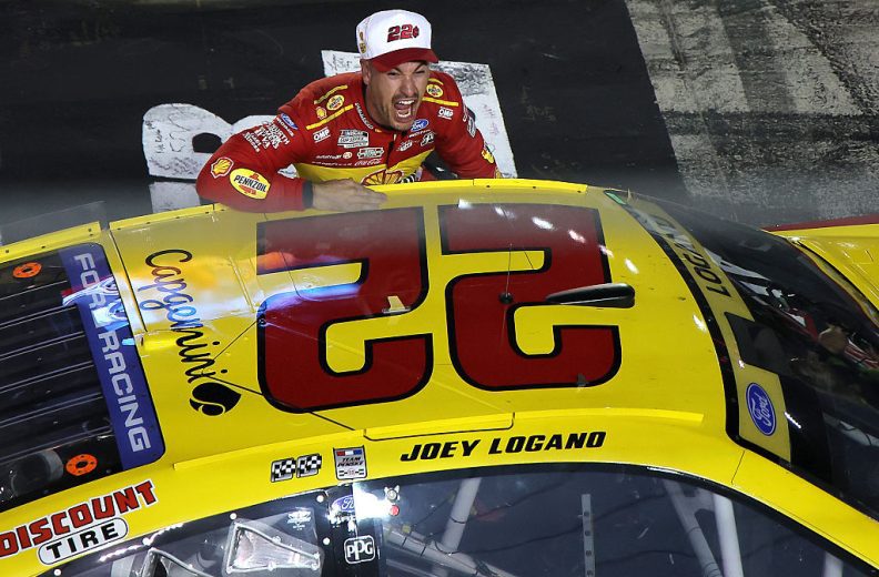 Joey Logano celebrates after winning at Bristol.