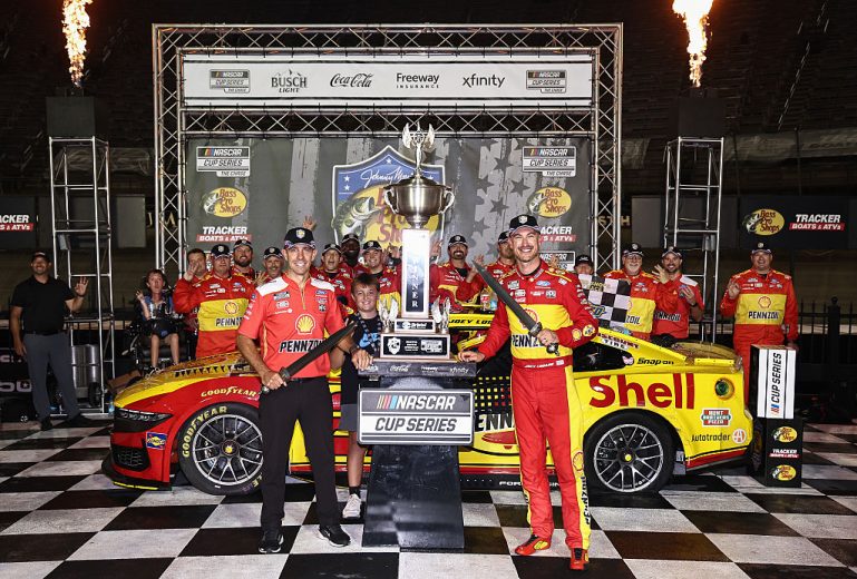 Joey Logano celebrates in Victory Lane at Bristol.