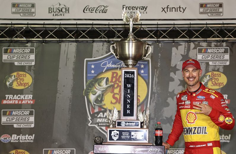 Joey Logano celebrates in Victory Lane at Bristol.
