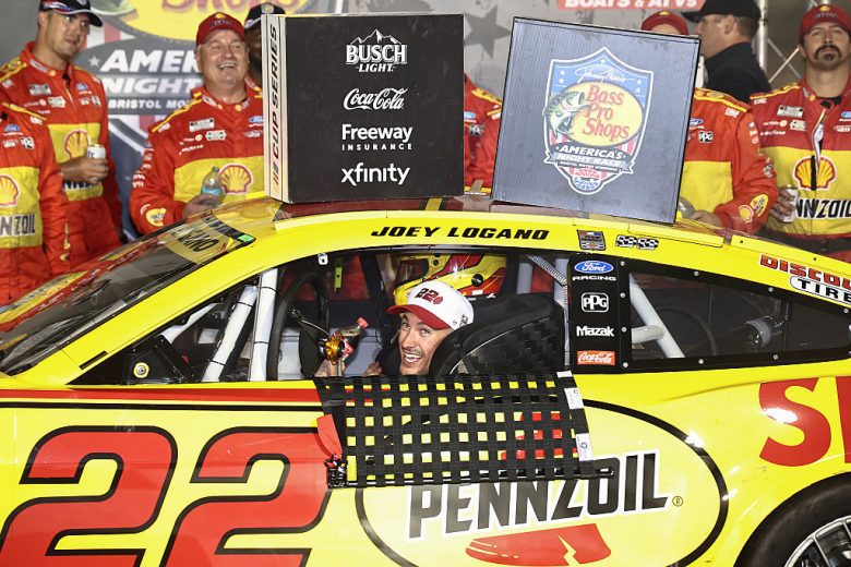 Joey Logano celebrates in Victory Lane at Bristol.