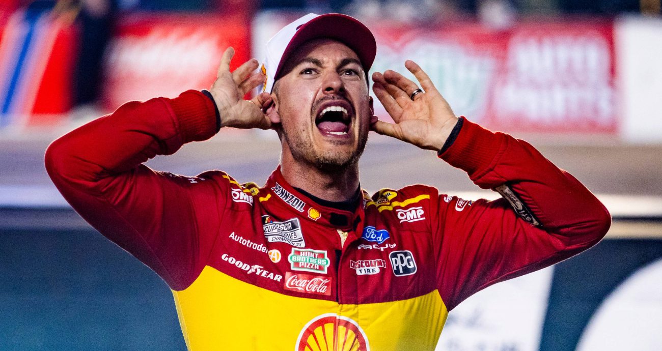 Joey Logano celebrates after winning at Bristol.