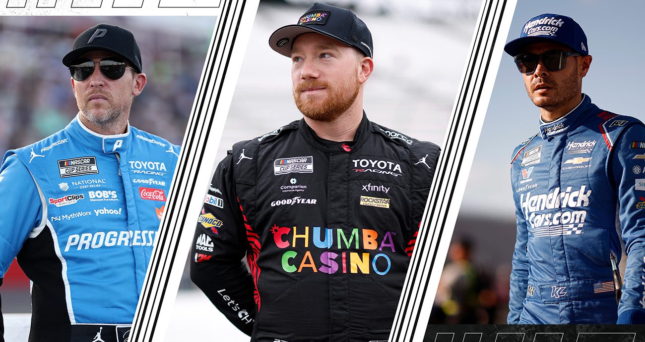 A split image of Denny Hamlin, Tyler Reddick and Kyle Larson.