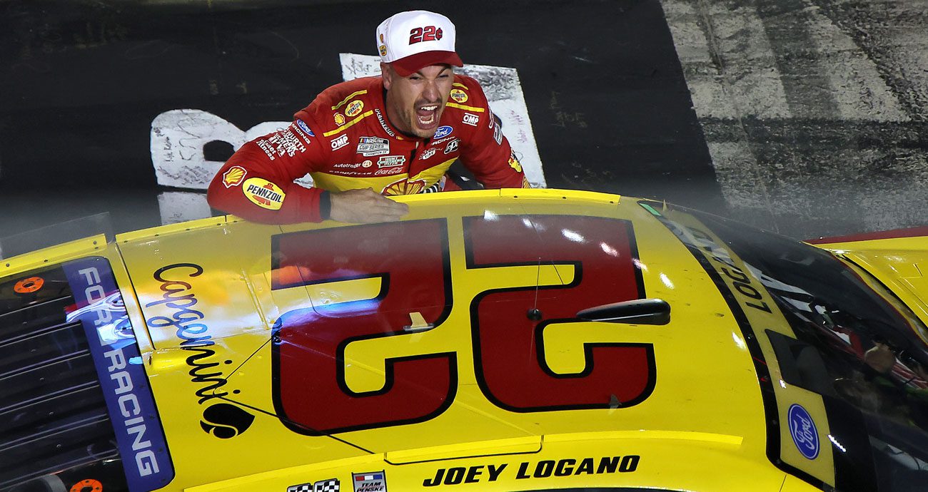 Joey Logano celebrates after winning at Bristol.