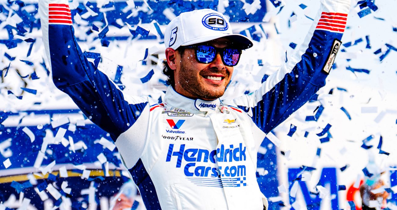 Kyle Larson celebrates a NASCAR Cup Series Chase win at Kansas.