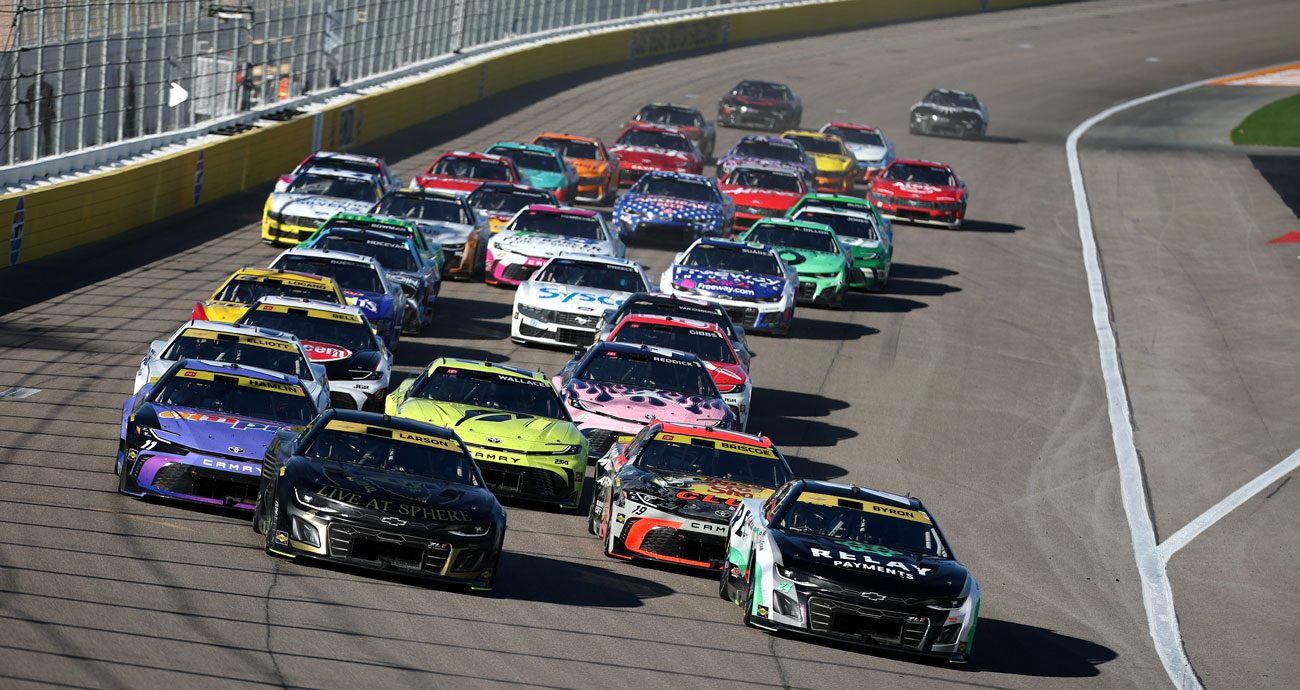 NASCAR Cup Series cars race at Las Vegas Motor Speedway.