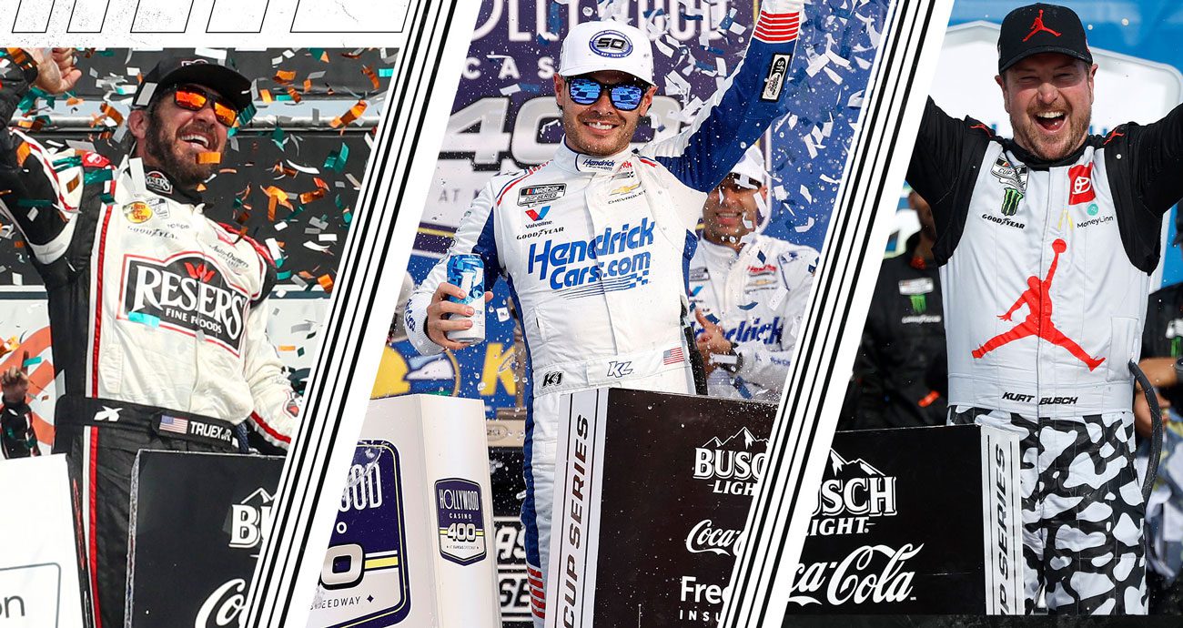 Kyle Larson does a celebratory burnout at Kansas Speedway.