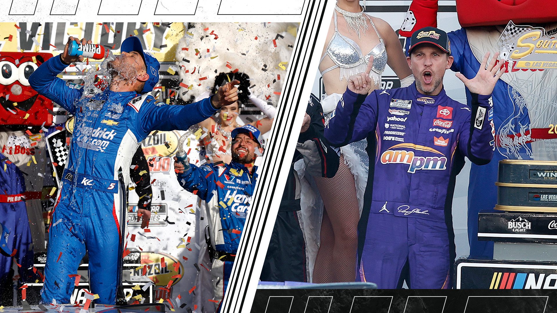 split image of kyle larson and denny hamlin each celebrating in victory lane
