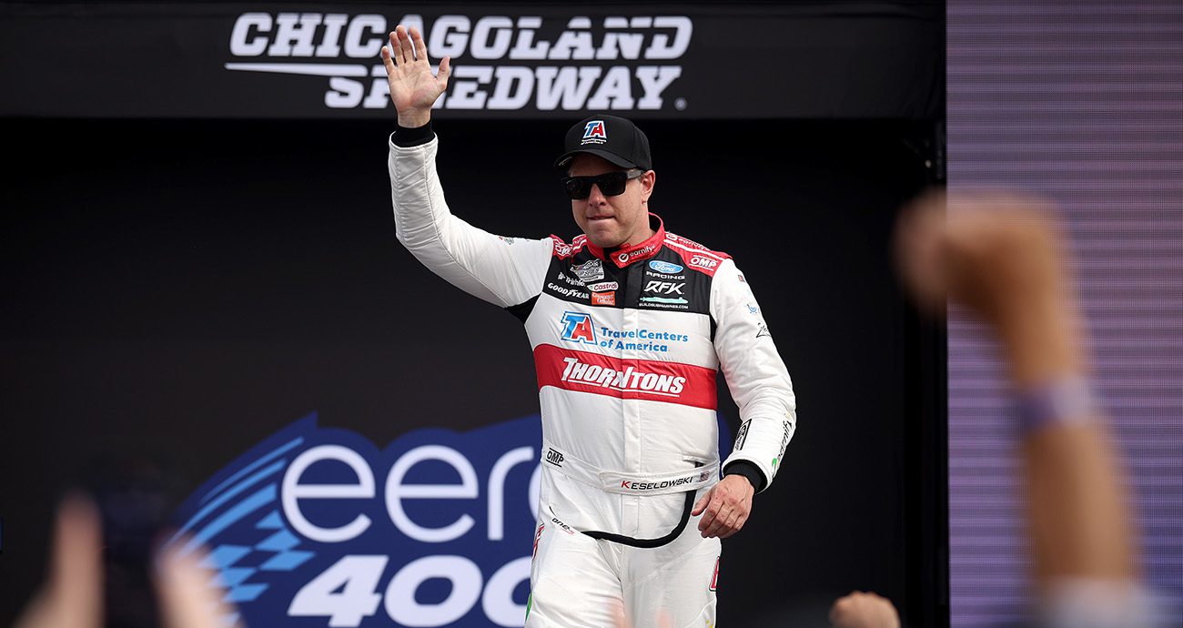Layne Riggs celebrates in Victory Lane at New Hampshire.