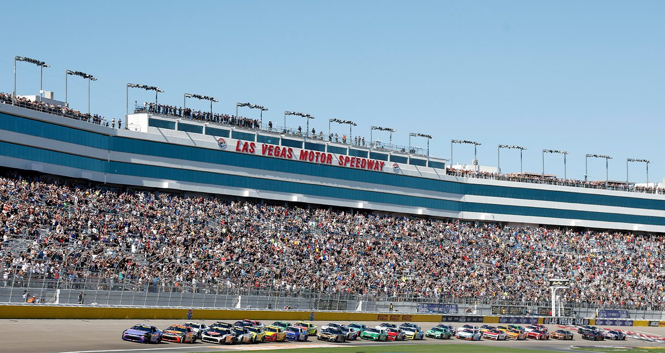 Denny Hamlin leads the field to start the NASCAR Cup Series South Point 400 on Oct. 12, 2025, at Las Vegas Motor Speedway in Las Vegas, Nevada.