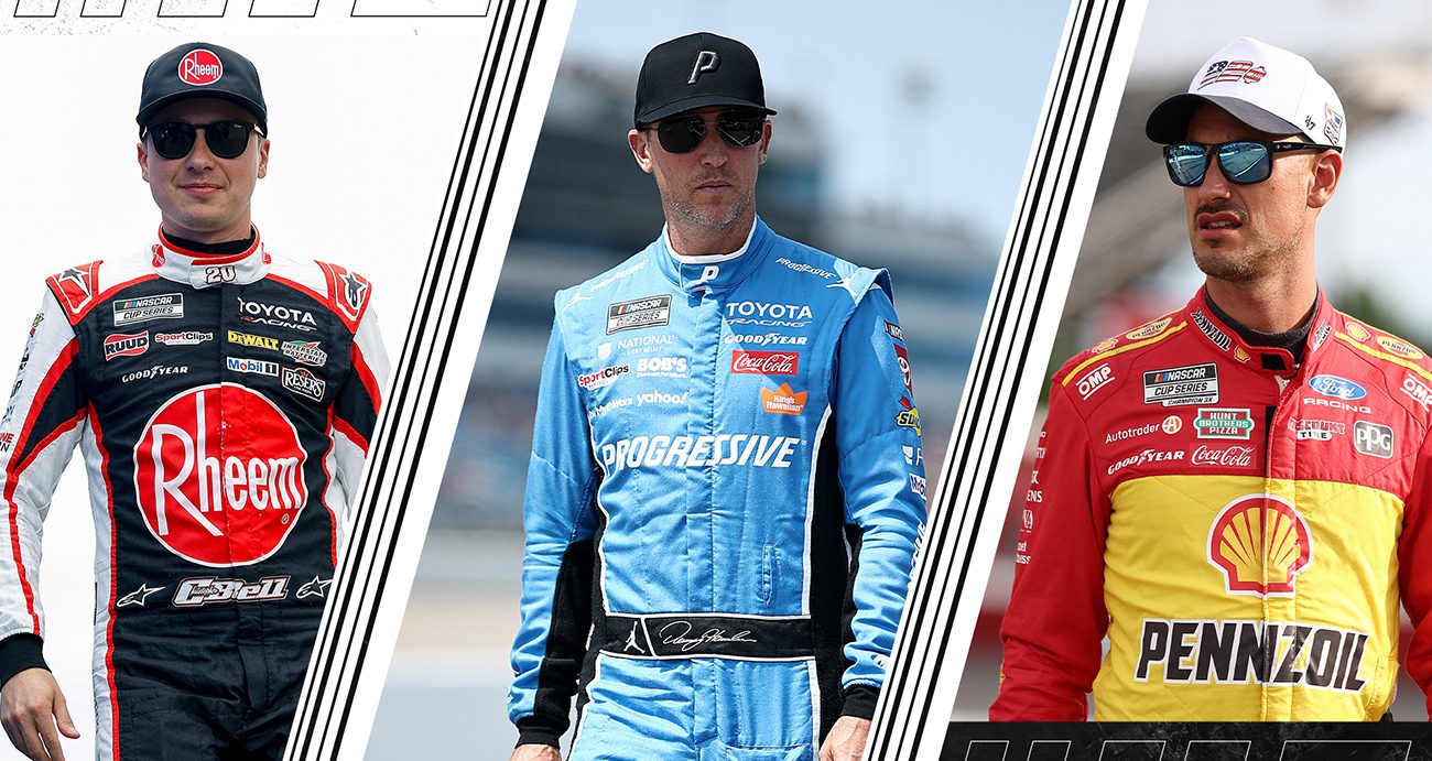 A split image of Christopher Bell, Denny Hamlin and Joey Logano for Racing Insights' projections of the Las Vegas Cup Series Chase race.