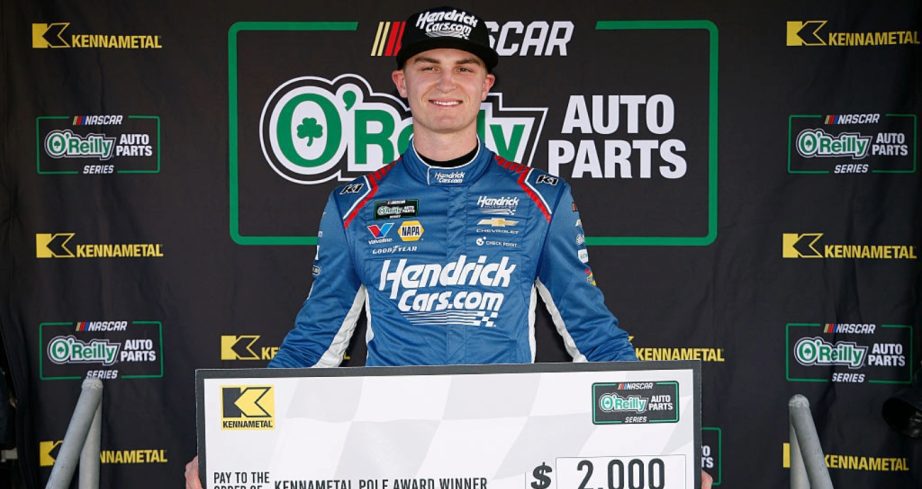 Corey Day celebrates after winning the pole at Las Vegas.
