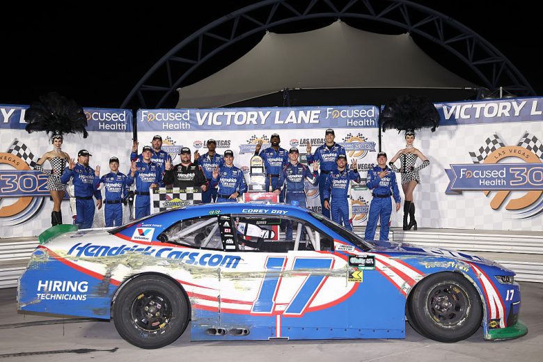 Corey Day celebrates in Victory Lane at Las Vegas.