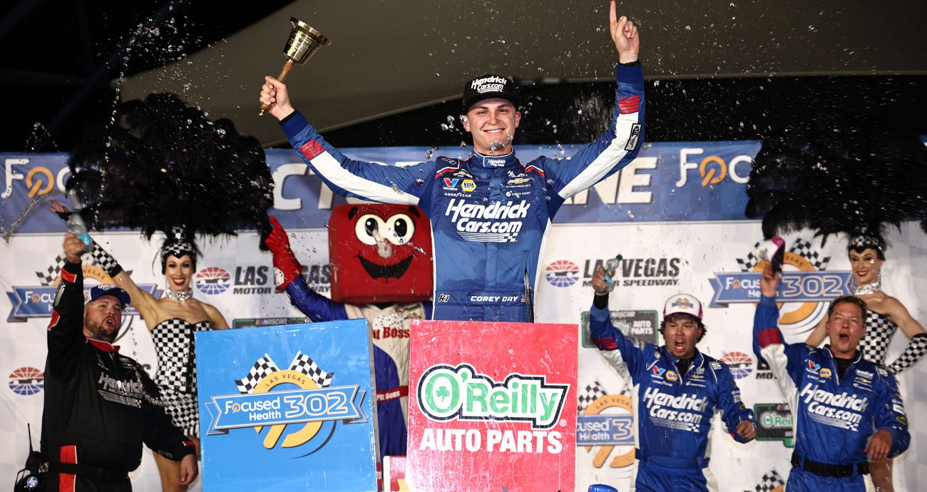 Corey Day celebrates at Las Vegas Motor Speedway.
