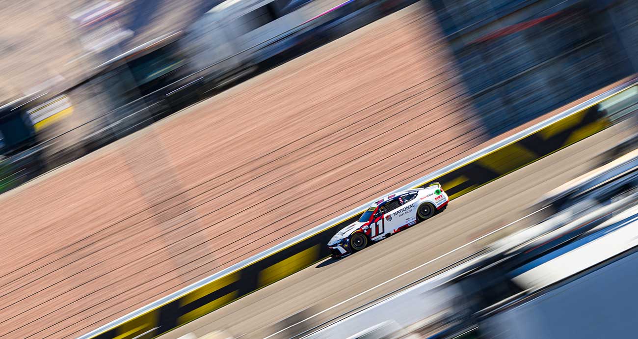 Denny Hamlin's No. 11 Toyota speeds down the backstraight at Las Vegas Motor Speedway