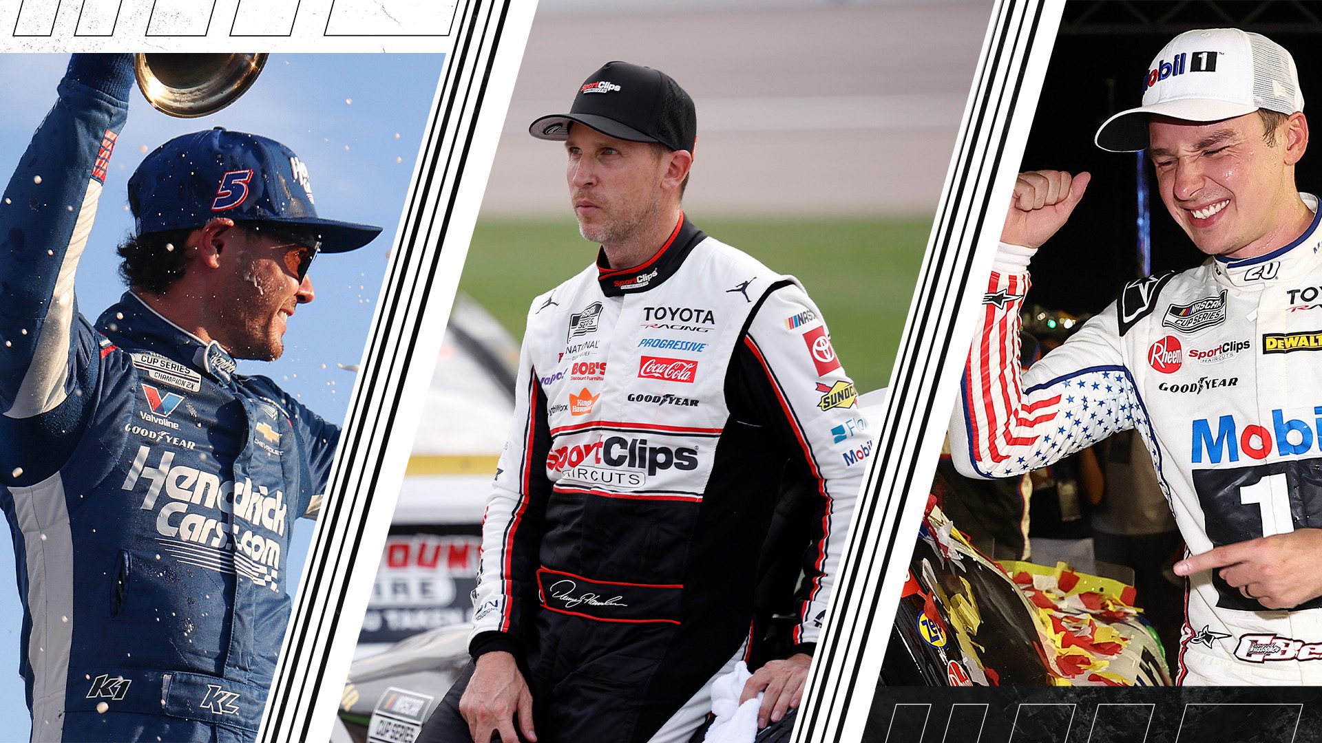 split image of kyle larson, denny hamlin, christopher bell