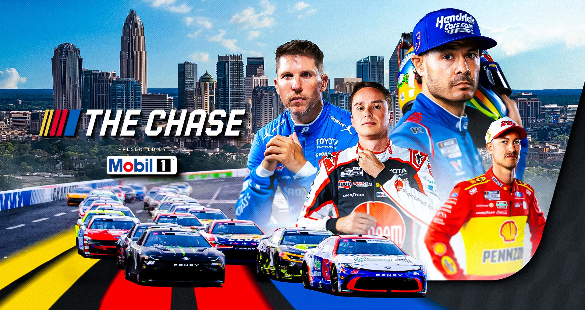 Tune-in graphic for 2026 Charlotte Chase race featuring Denny Hamlin, Christopher Bell, Kyle Larson and Joey Logano.