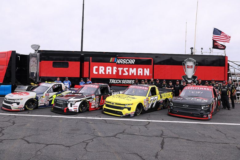 A general view of trucks honoring Kyle Busch with tribute paint schemes.