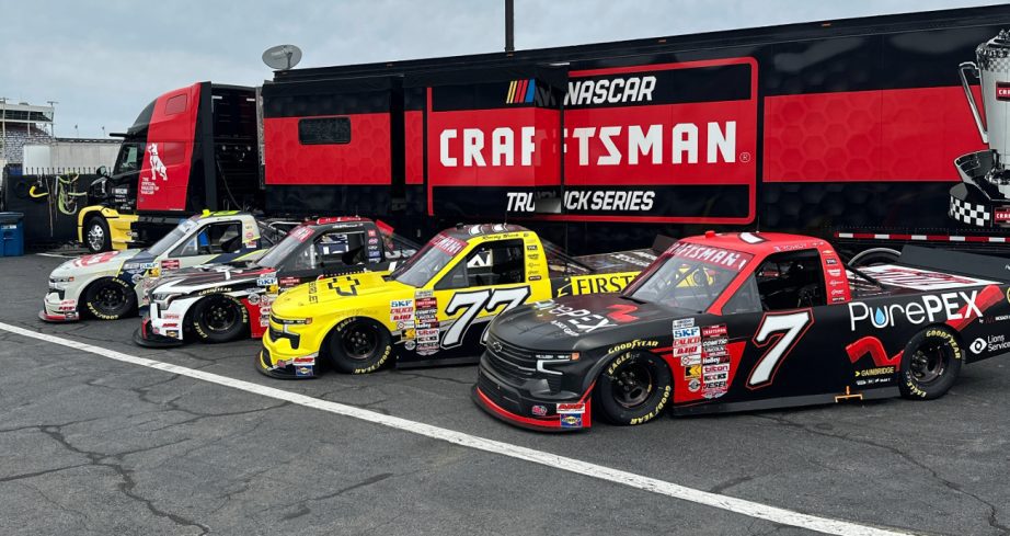 A general view of Kyle Busch tribute trucks at Charlotte.