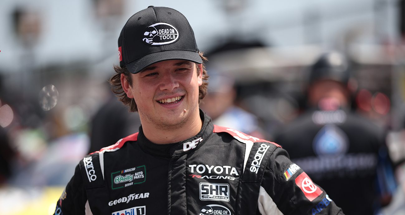 Layne Riggs celebrates in Victory Lane at New Hampshire.
