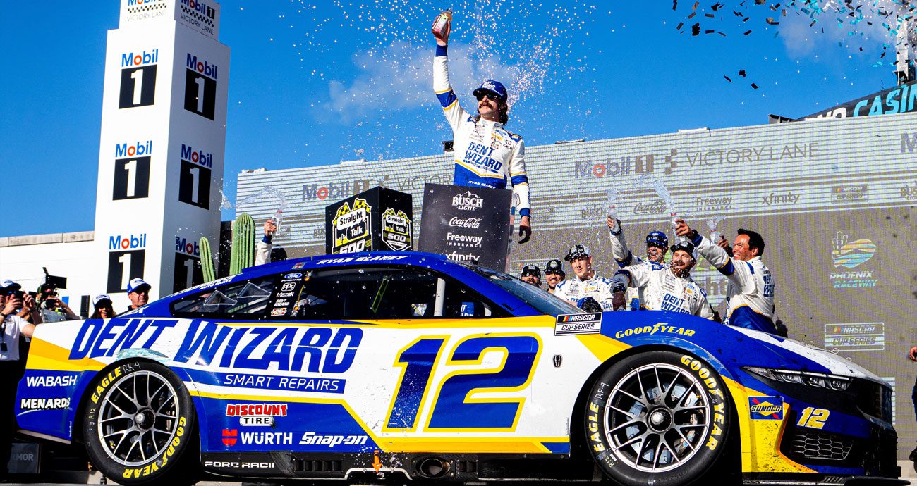 Team Penske driver Ryan Blaney celebrates a NASCAR Cup Series victory at Phoenix.