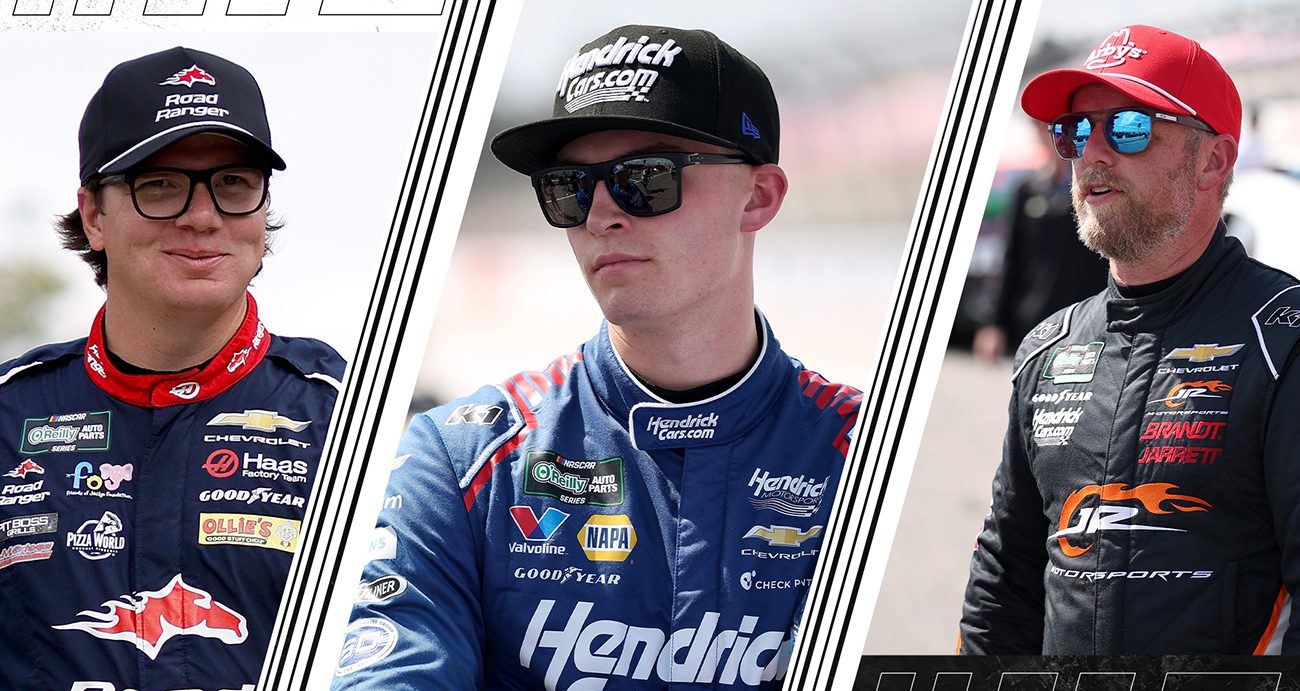 An O'Reilly Auto Parts Series split image of Sheldon Creed, Corey Day and Justin Allgaier.