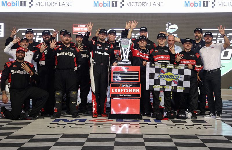 Kaden Honeycutt celebrates in Victory Lane after winning at Phoenix.