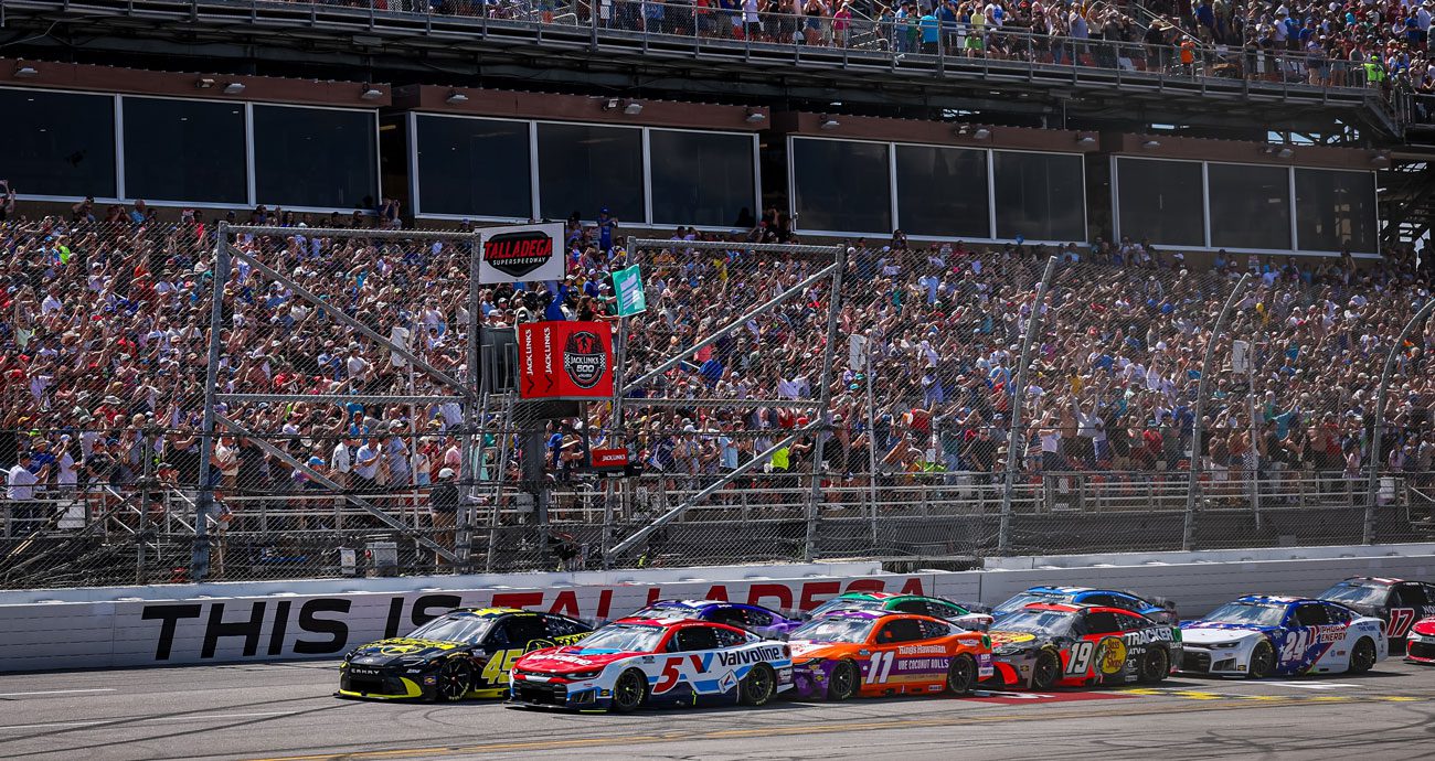 NASCAR Cup Series cars race at Talladega Superspeedway.
