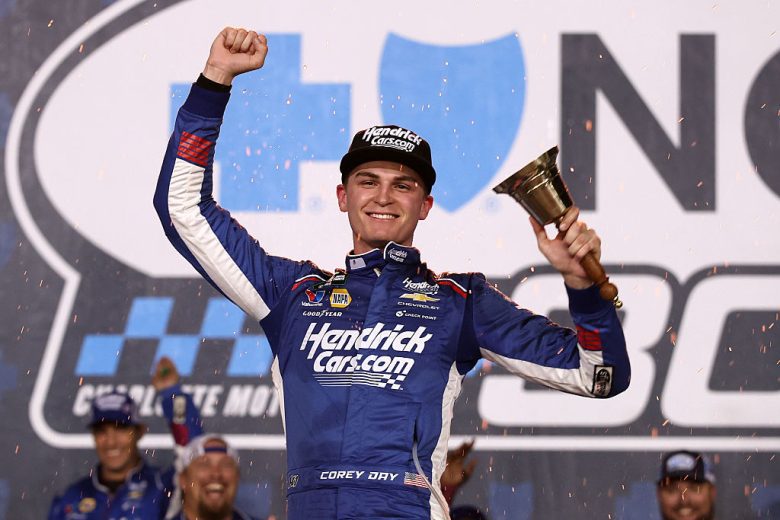Corey Day celebrates in victory Lane.