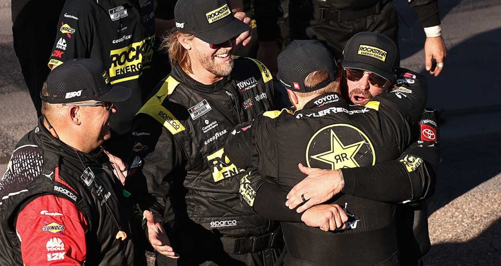 Brian Dheel and the rest of the No. 45 team celebrate Tyler Reddick's win at Phoenix Raceway.